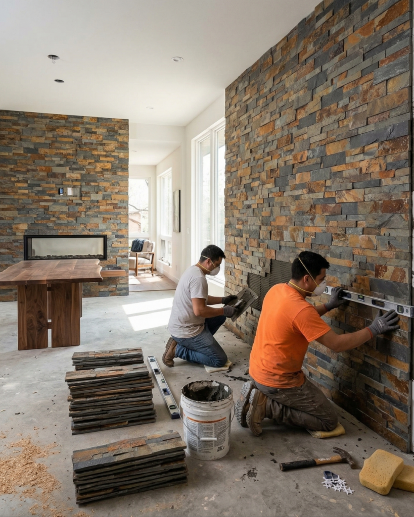 施工中の天然石レッジストーン壁パネル