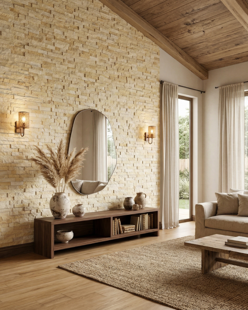 リゾート風のリビングルームの石壁レッジストーン