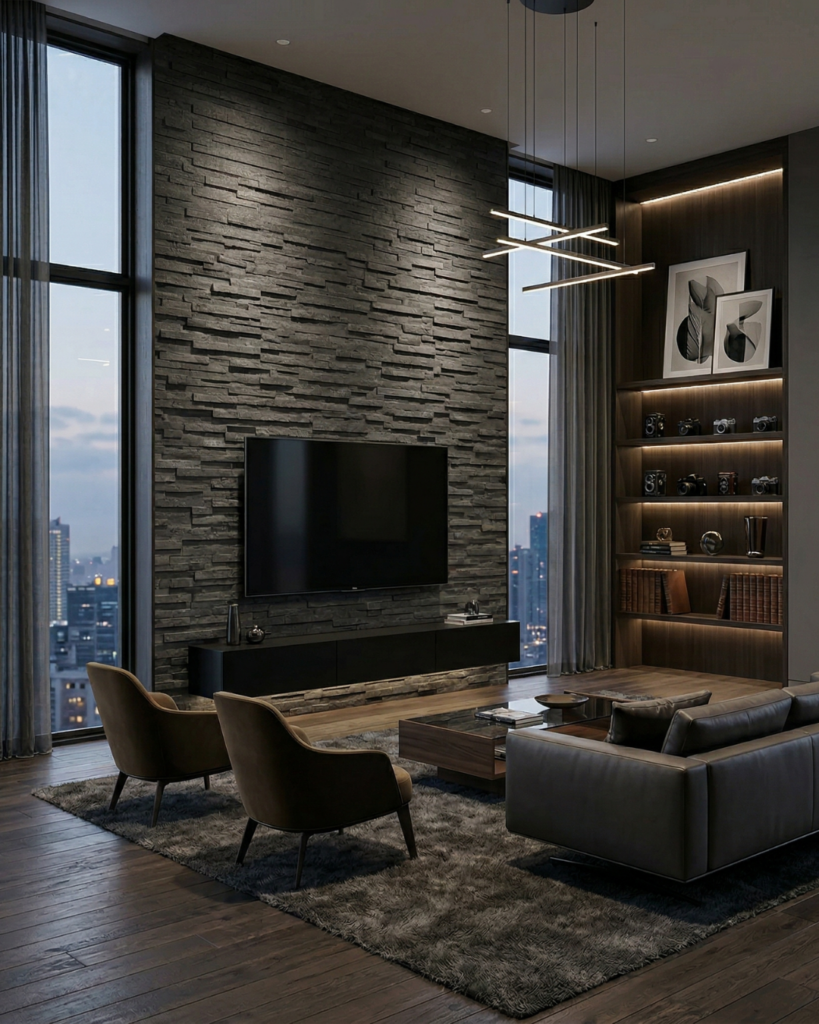天然石のレッジストーンを使用したリビングルームのアクセント