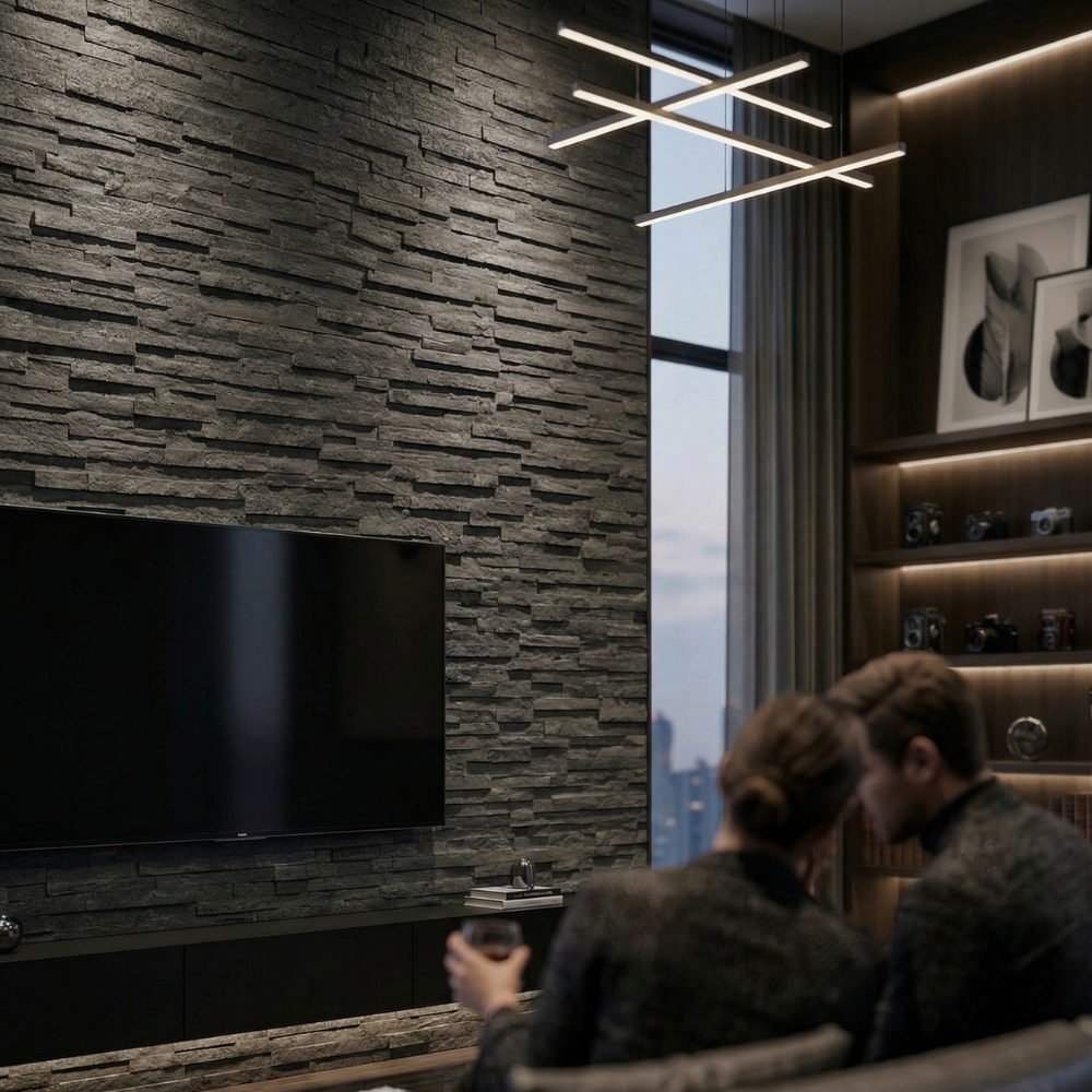 黒いレッジストーンのアクセント壁にしたインテリア