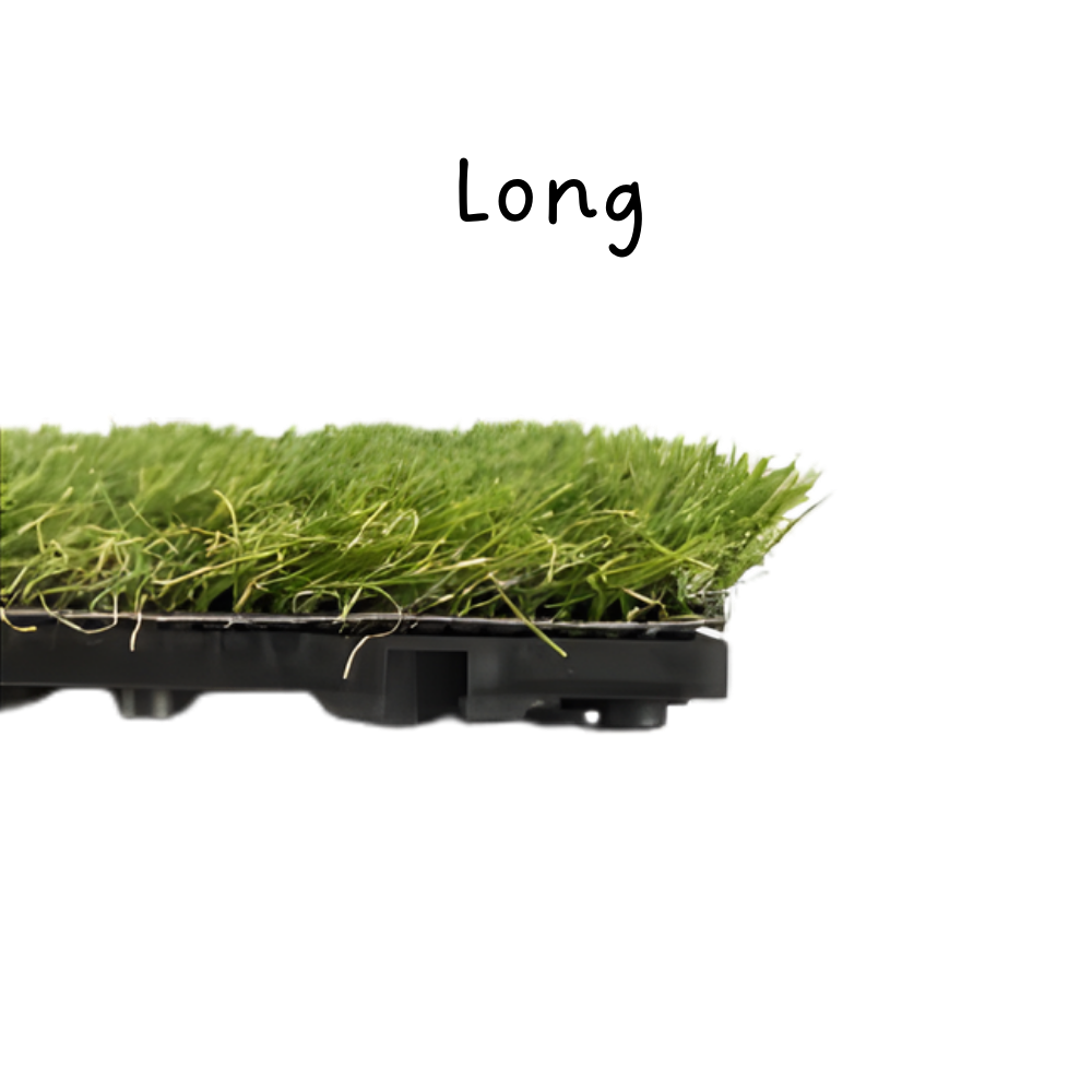 人工芝ロングのジョイントタイルを横から見た画像です。芝の長さがロングタイプです。