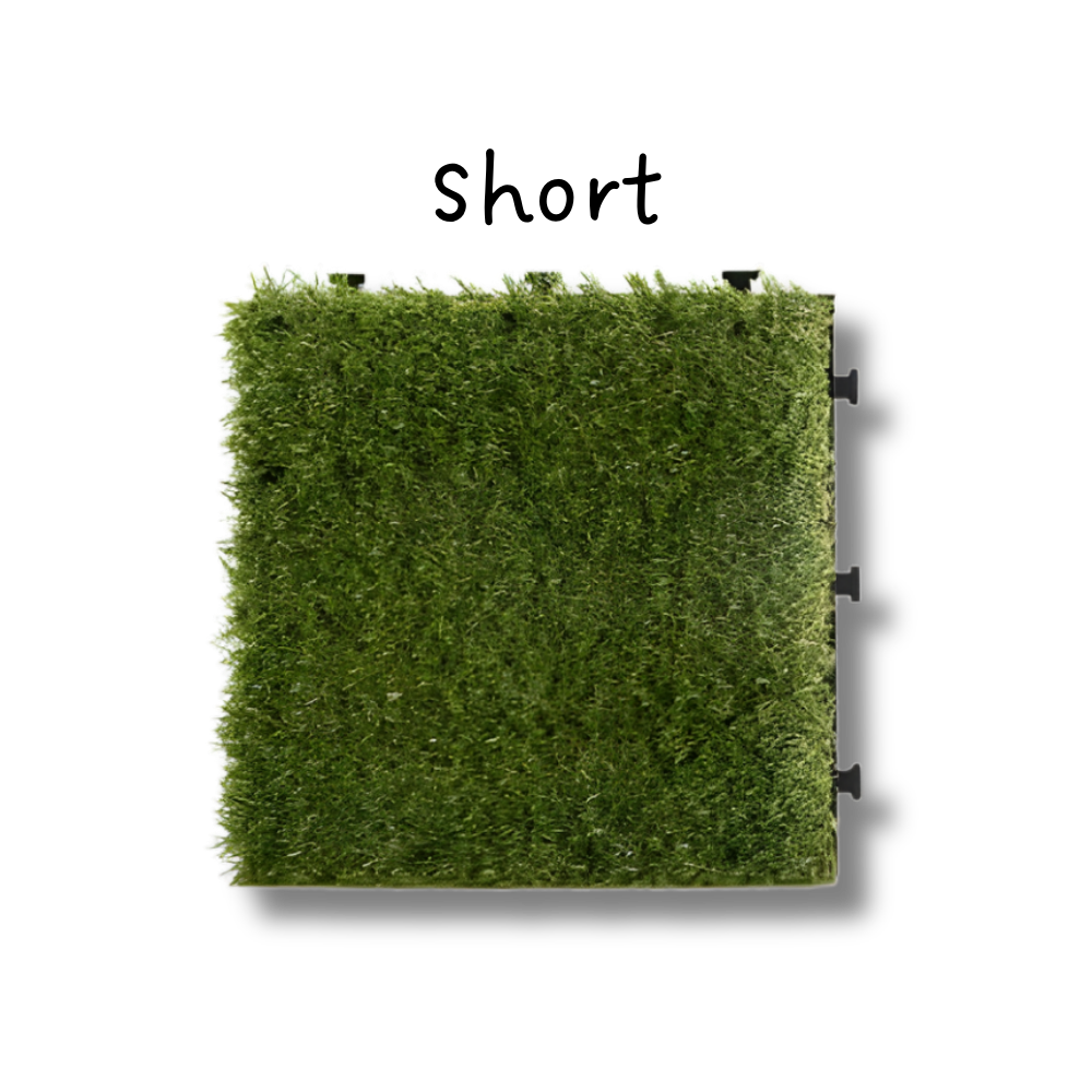 人工芝タイプのジョイントタイル。芝の長さがショートタイプでベランダ専用床材。