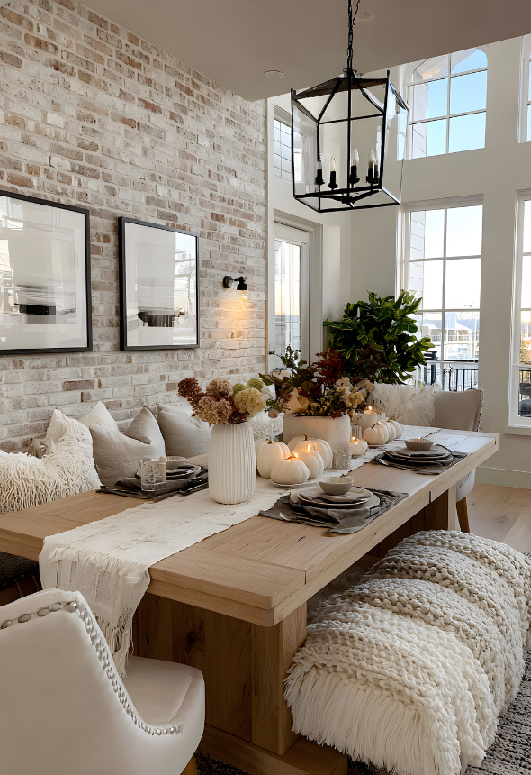 アンティークレンガタイルをリビング壁に施工したナチュラルインテリアの施工例