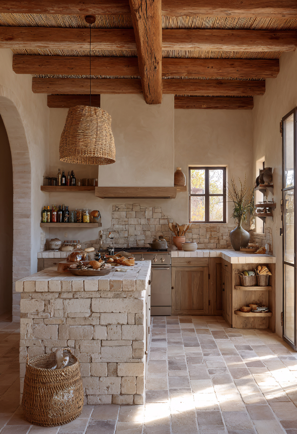 自然石を敷き詰めたナチュラルインテリアのキッチン。施工事例画像。