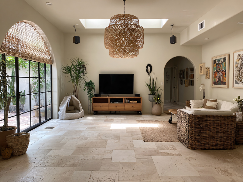 天然石のレクタングル石をリビングの床に施工した施工事例画像。