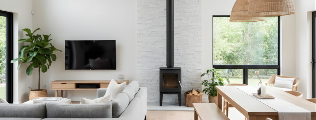 白い天然石をアクセントにしたリビングルームの施工参考画像