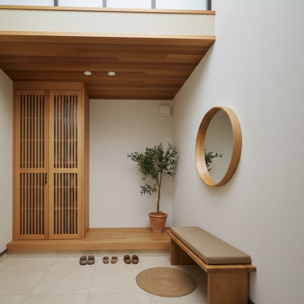 明るいベージュ系の天然石調タイルのペルニの玄関タイル