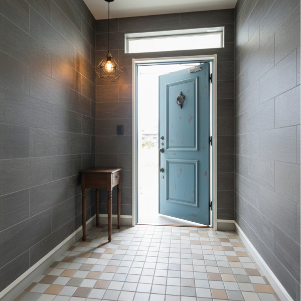 グレージュカラーで汚れにくさを重視した100角タイルを使ったナチュラルな玄関