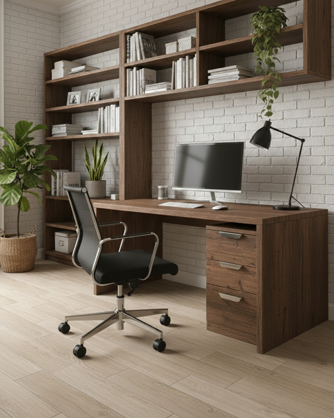 キャスター付きの椅子にも耐久性が高いタイルは汚れや傷がつきにくいことがわかる参考実例画像。