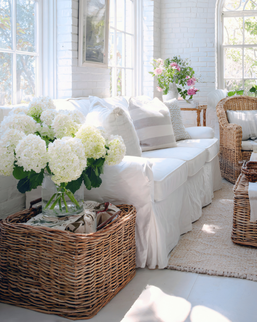 白いレンガ壁のリビングルーム。ナチュラルインテリアの白がテーマの画像。