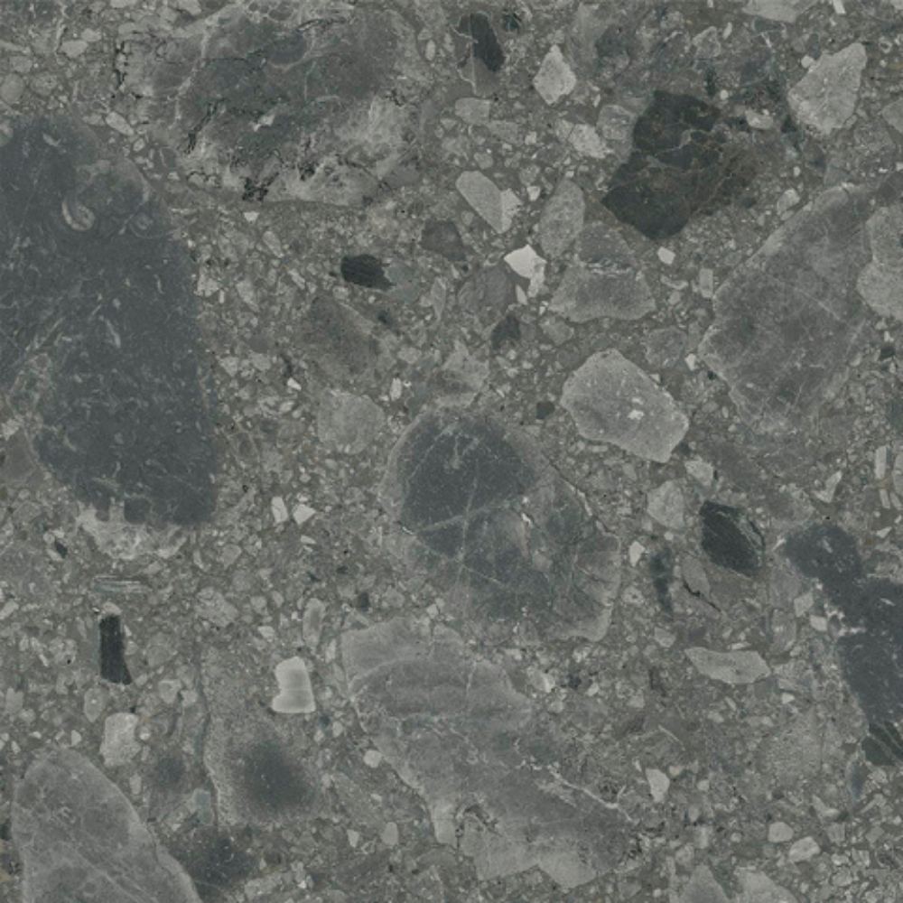 グレー系ナチュラルインテリアが引き締まるテラゾータイルの石目模様。