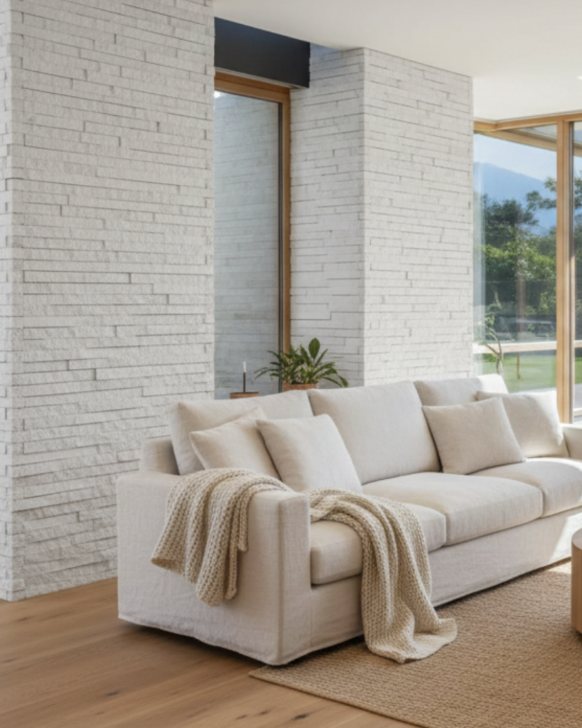 白いレッジボーダーデザインの天然石を使ったリビングのアクセントウォール。