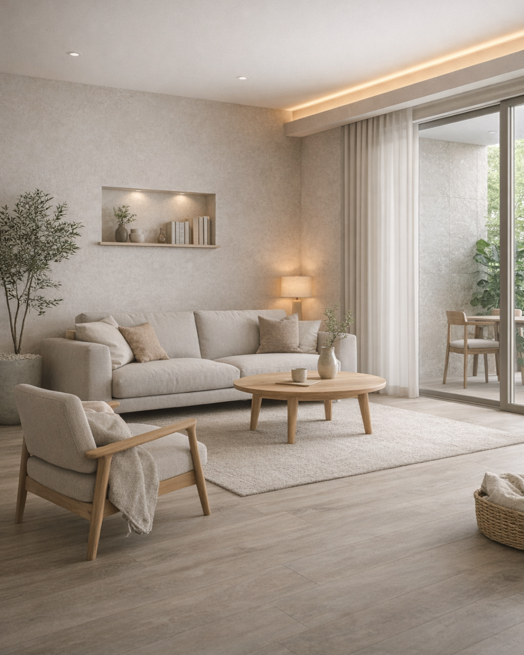 ナチュラルモダンなリビングルームで使用したベージュの木目調床タイル施工実例