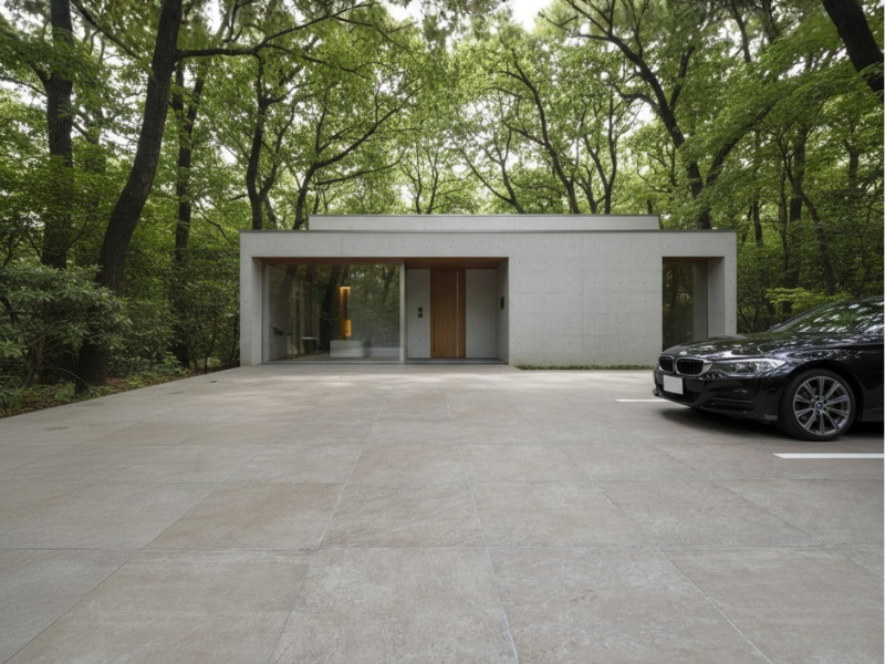 屋外のエクステリア用タイルで駐車場対応のタイルの施工実例画像、グレー系モダンタイル