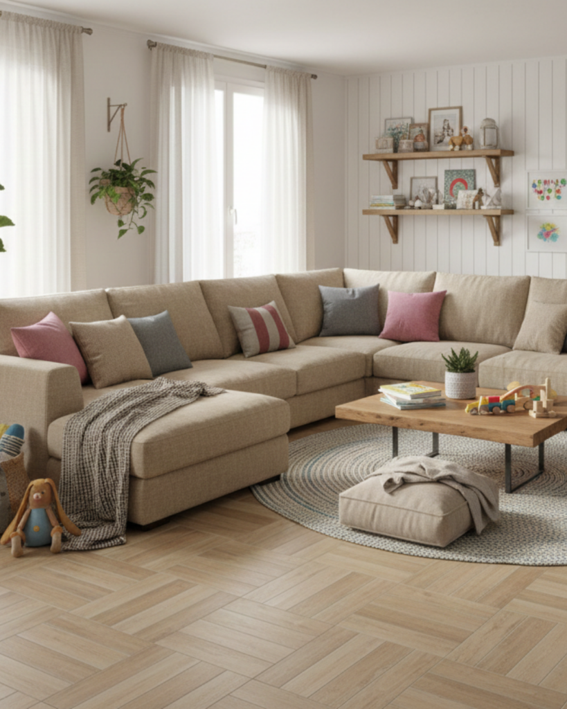 明るいリビングルームに合わせたナチュラル系木目調床タイル