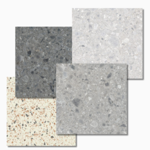 テラゾータイルは大理石や天然石のチップをデザインに用いたタイルであることがわかる参考画像