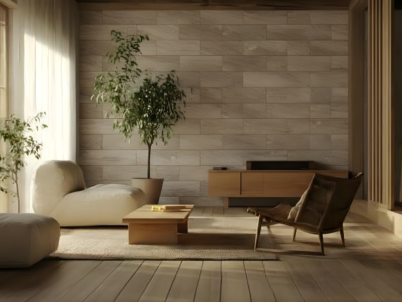 ベージュ系石目模様の石壁タイルをアクセントにしたリビングルーム