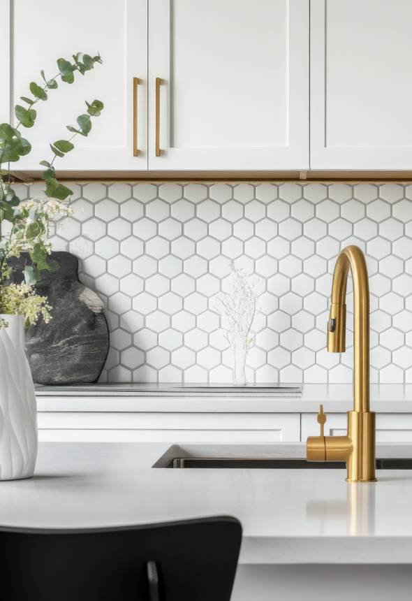 ハニカムデザインの白いタイルを使用したキッチン壁