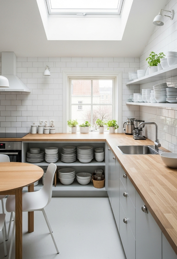 白いサブウェイタイルの壁が明るく清潔な印象を与えるキッチン。