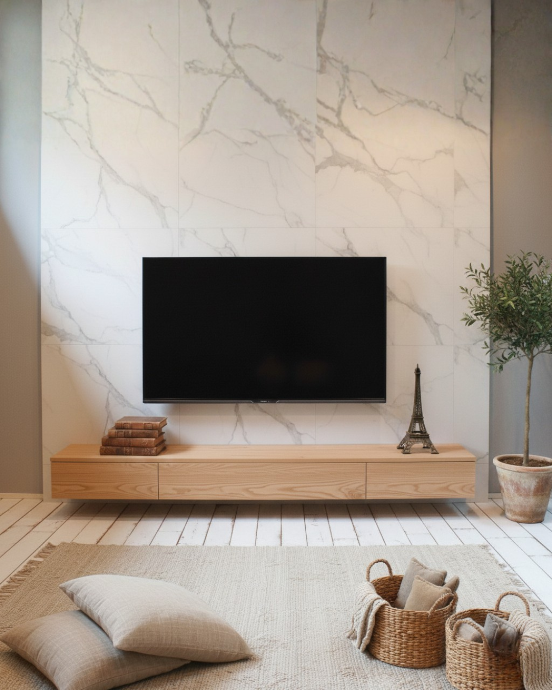 テレビ背面に大理石調タイルを使ったモダンなインテリア