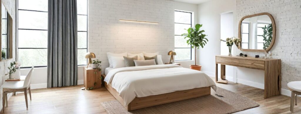 白いレンガ壁のナチュラルモダンなベッドルーム。