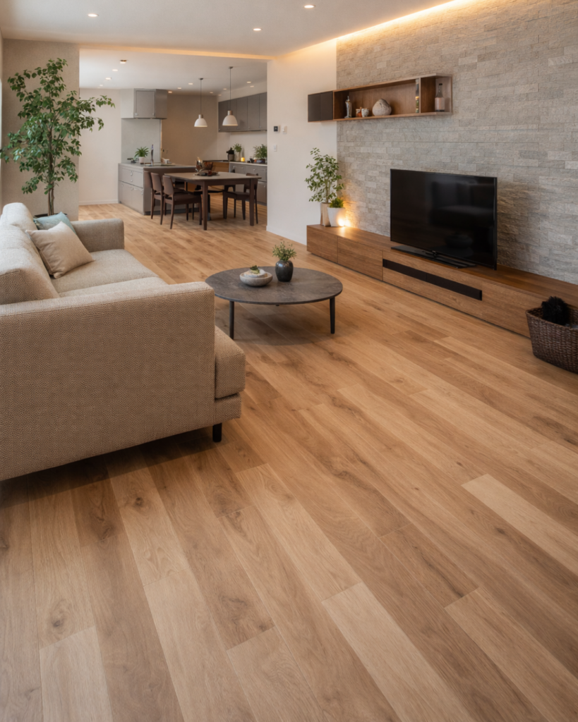 リビングダイニングに設置した木目調タイルのナチュラルモダンなインテリア画像