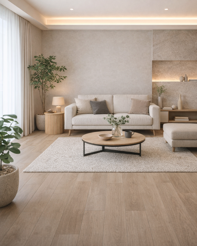 モードで大人の空間に合わせる本物の木材に見えるブラウンのウッドタイル床。