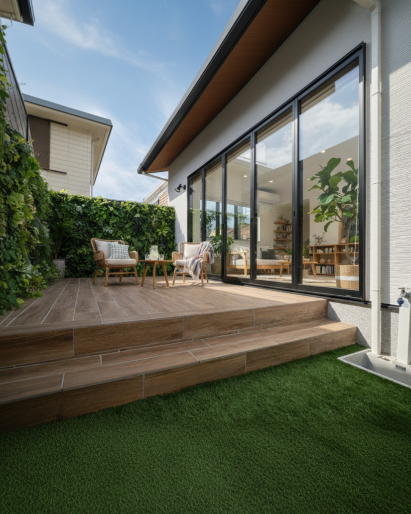 ブラウン系のナチュラルなウッドタイルを使ったテラス。