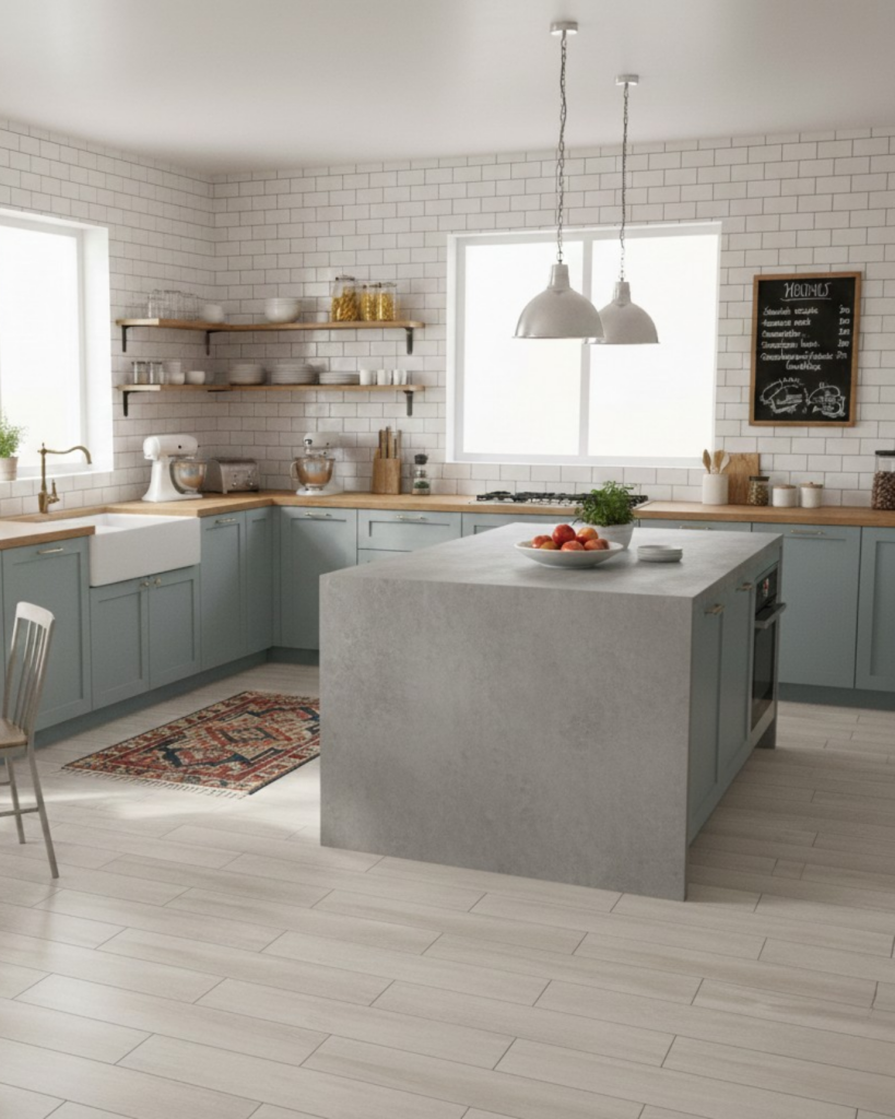 ウッドフロアタイルを使用したグレー系のナチュラルモダンなキッチン