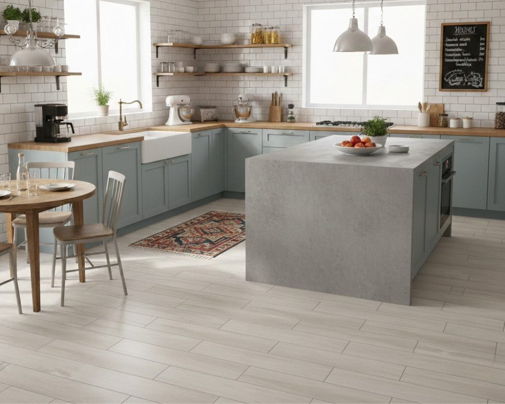 水や汚れが落ちやすいキッチンに設置した染みにならないウッド調のグレーの床タイル