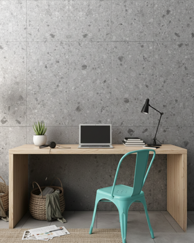 グレー系ナチュラルインテリアの参考画像。グレーのテラゾータイルを使用。床と壁兼用タイル。