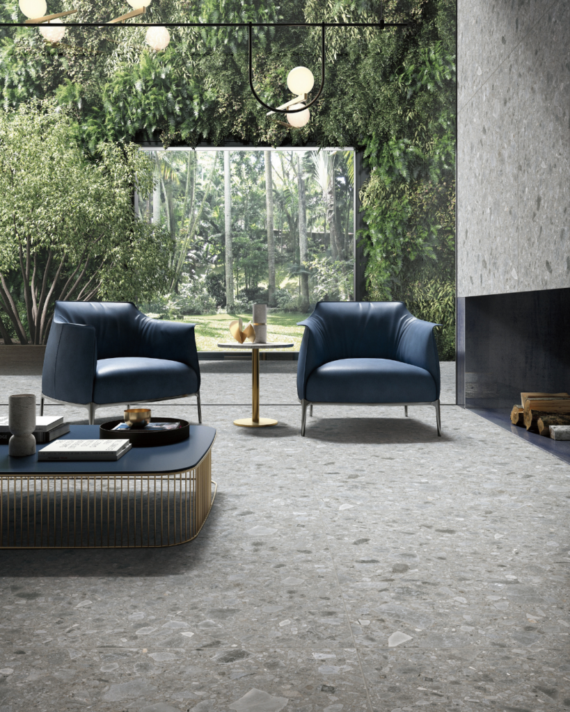 グレーインテリアにテラゾータイルを使ったナチュラルモダンなリビングルーム。