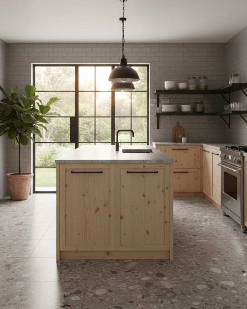 キッチンに使用したテラゾータイルをナチュラルモダンな洗練されたインテリアの参考画像