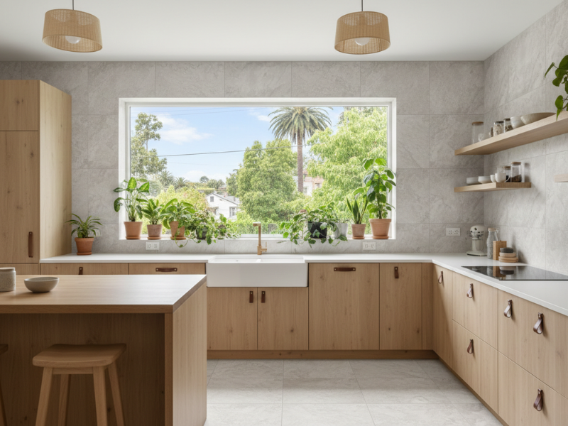 ナチュラルモダンなインテリアにおすすめの光沢のないグレー系タイルの壁。