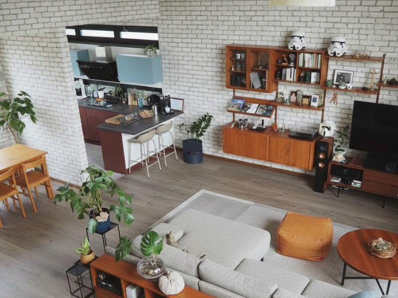 白いレンガ壁の戸建てリビングダイニングルーム。ナチュラル感とモダンの融合が美しい施工実例。