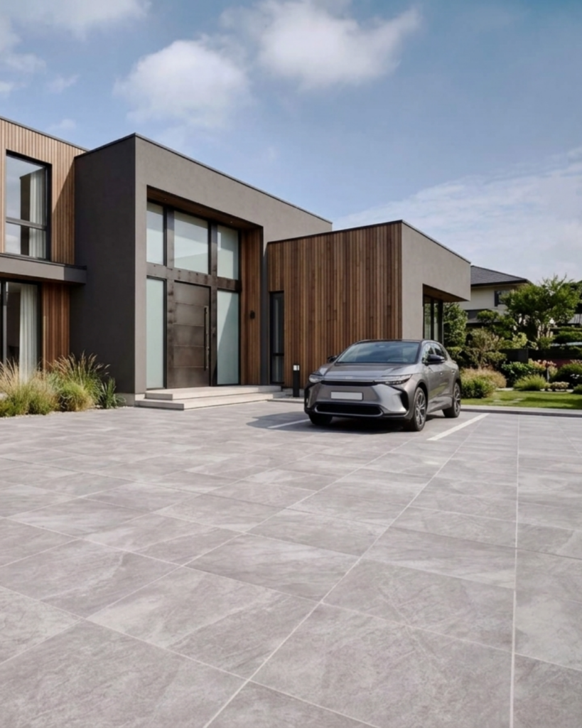 駐車場全面をタイルで仕上げた外構デザイン