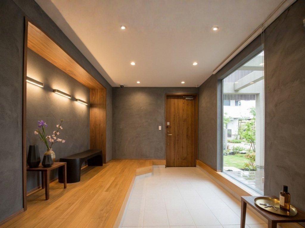 白い玄関タイルとモダンな玄関内装