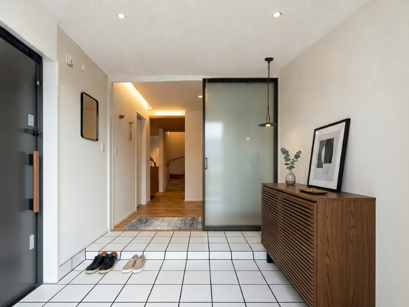 モダンな白と黒で整えたインテリアに白い玄関タイル