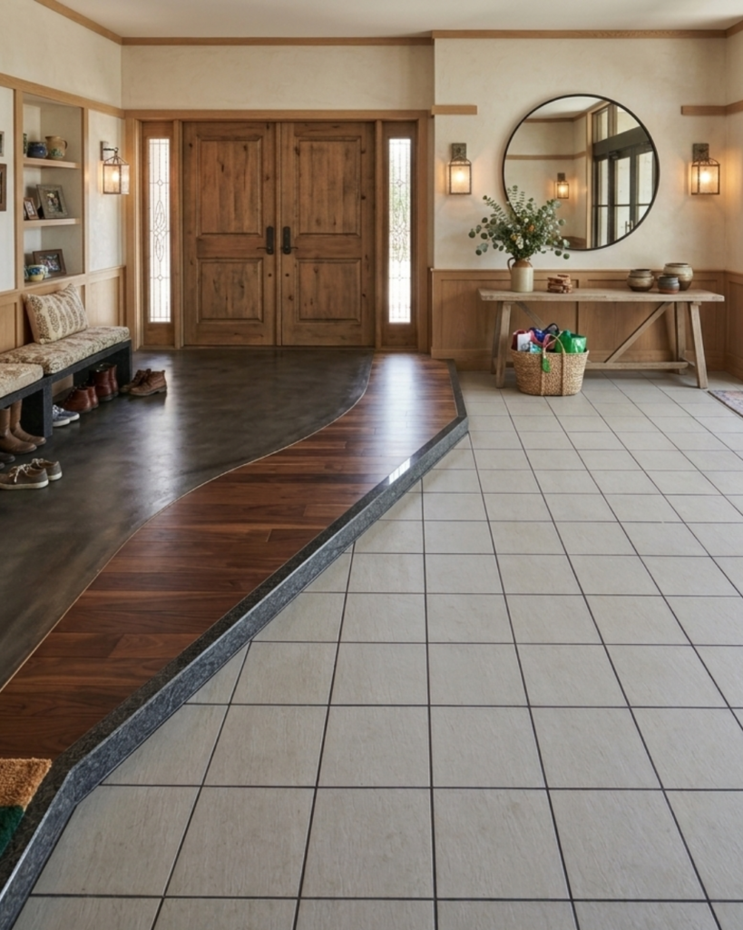 ナチュラルインテリアとアイスグレーの玄関タイル