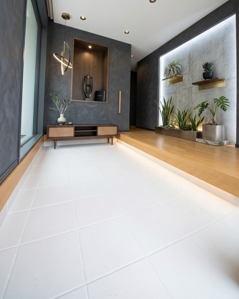 白い玄関床タイル