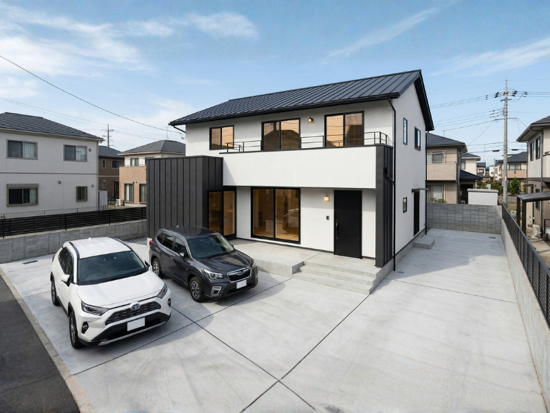 家の外構を全てコンクリートにした白いシンプルな戸建て