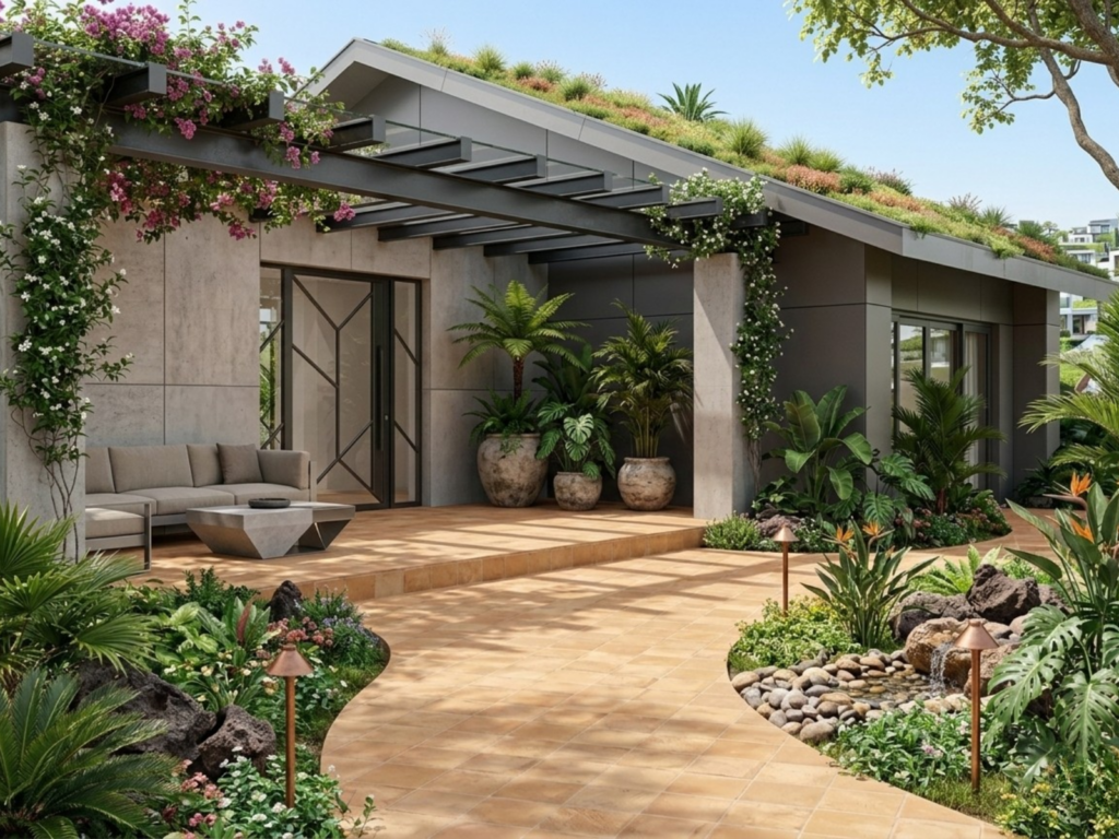 柔らかなベージュの玄関アプローチタイル