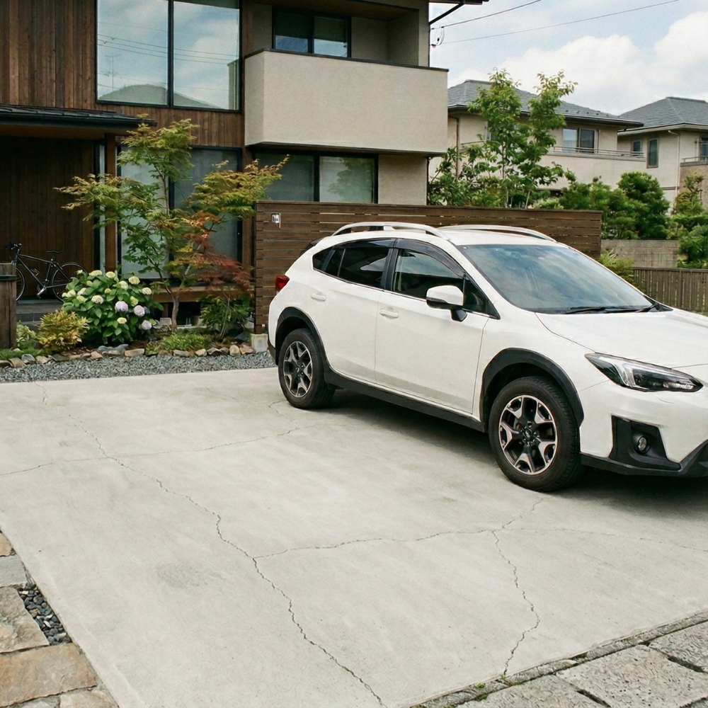 ヘアークラックが発生したコンクリートの駐車場