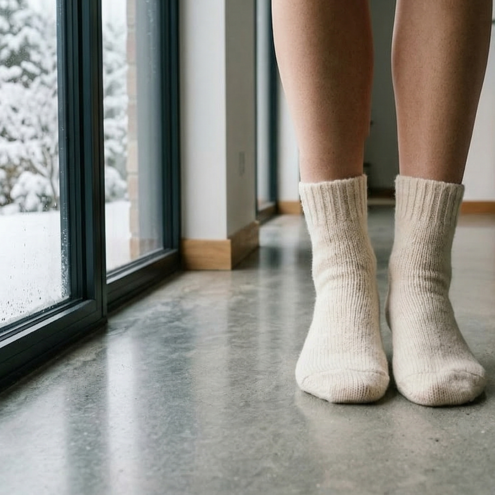 底冷えするコンクリート床と靴下を履いた女性
