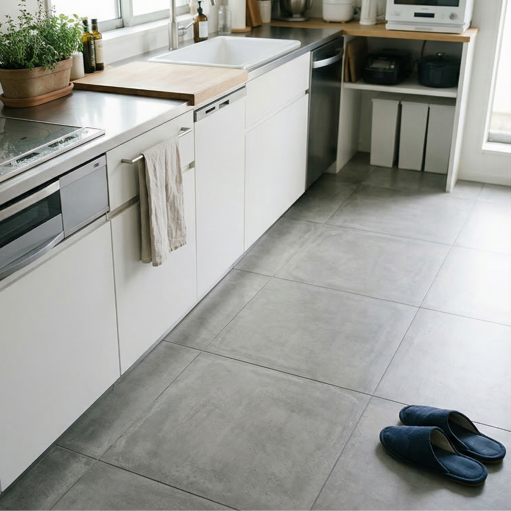 コンクリート調タイルでミニマルなインテリアのキッチン