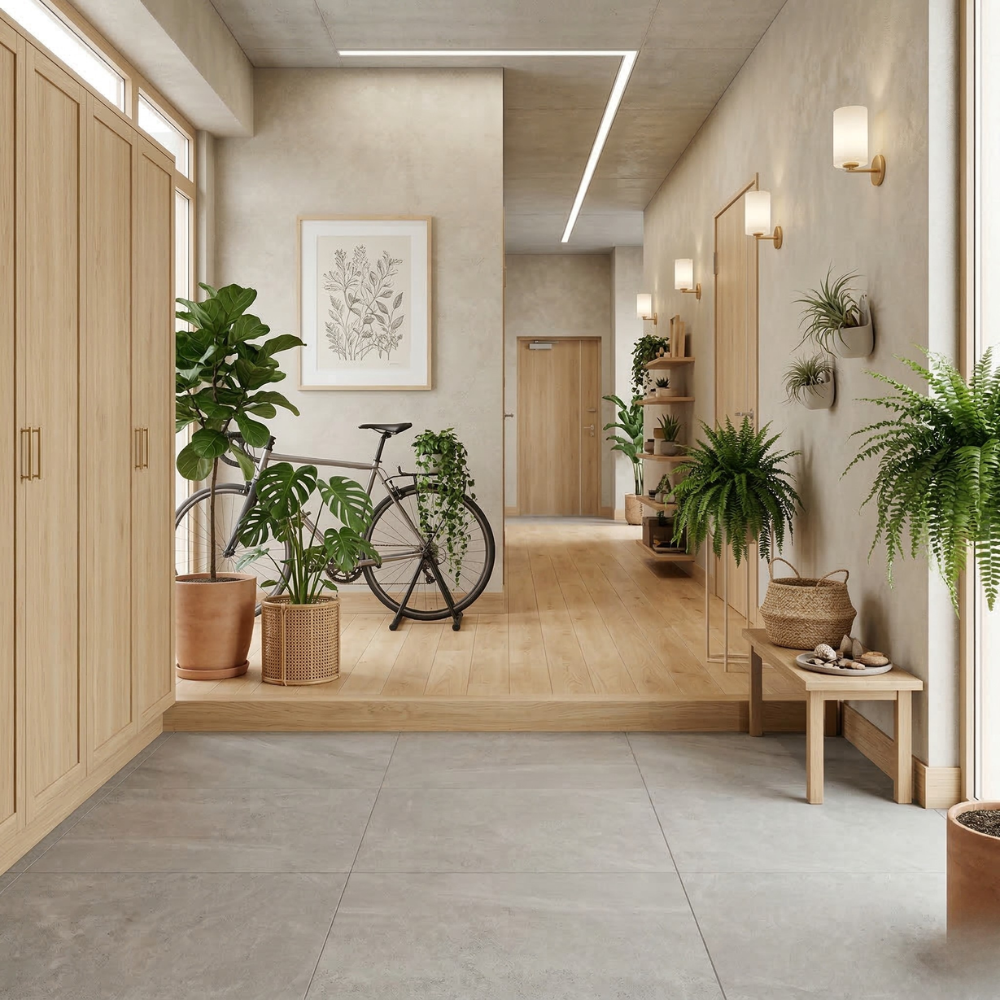 ナチュラルモダンなインテリアとコンクリート調タイルの玄関