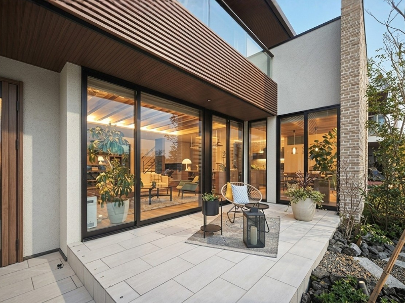 玄関とテラスを白いタイルで施工した事例