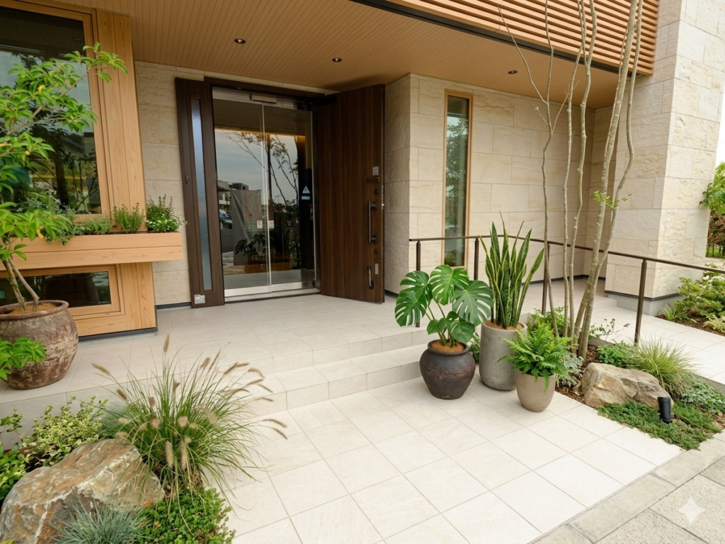 明るい白系アイボリー玄関タイル