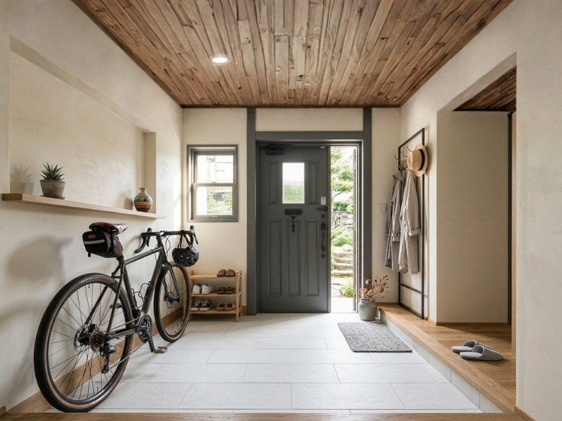 ナチュラルインテリアと白い玄関タイル