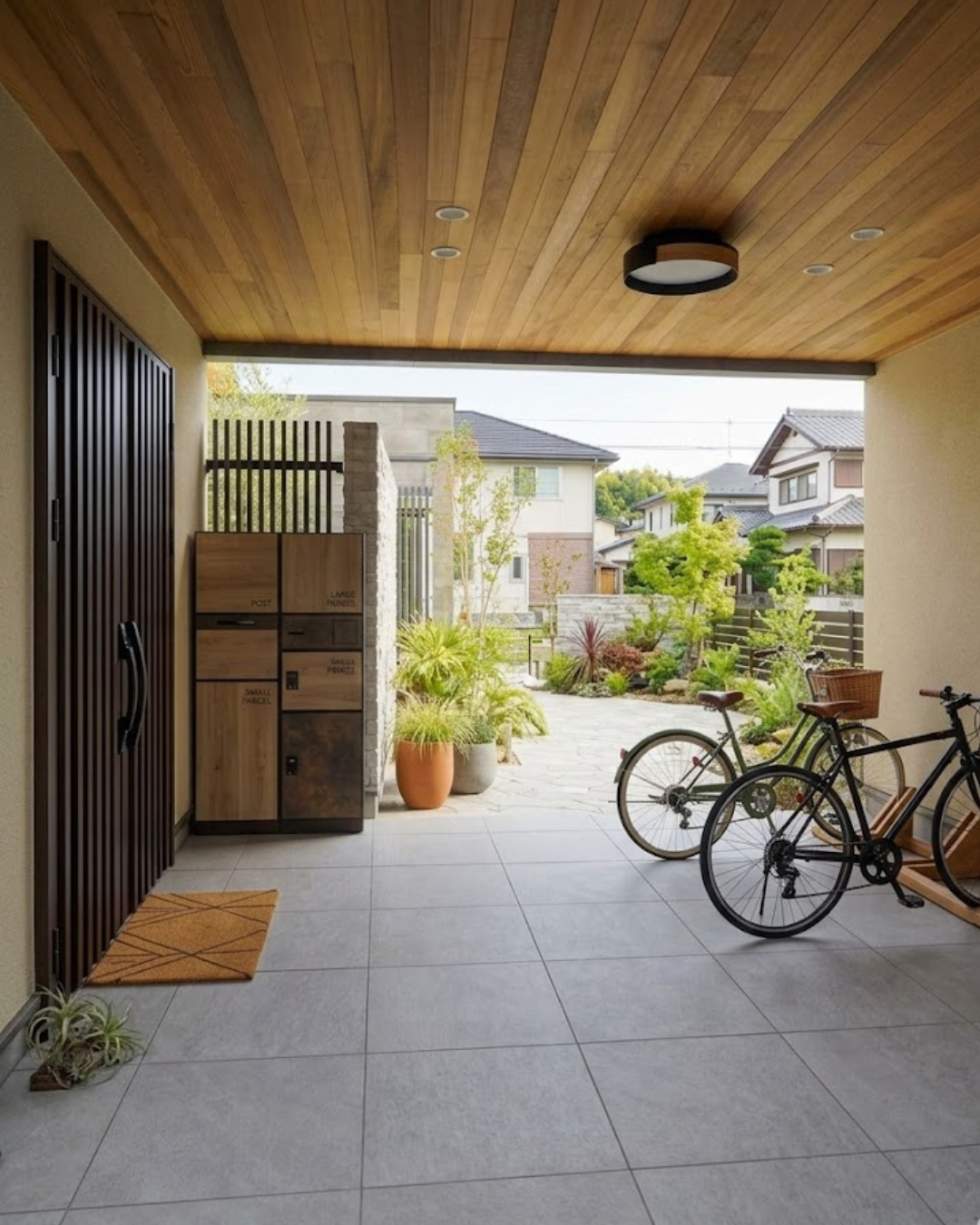 広々とした玄関ポーチに設置された自転車置き場と宅配ボックス